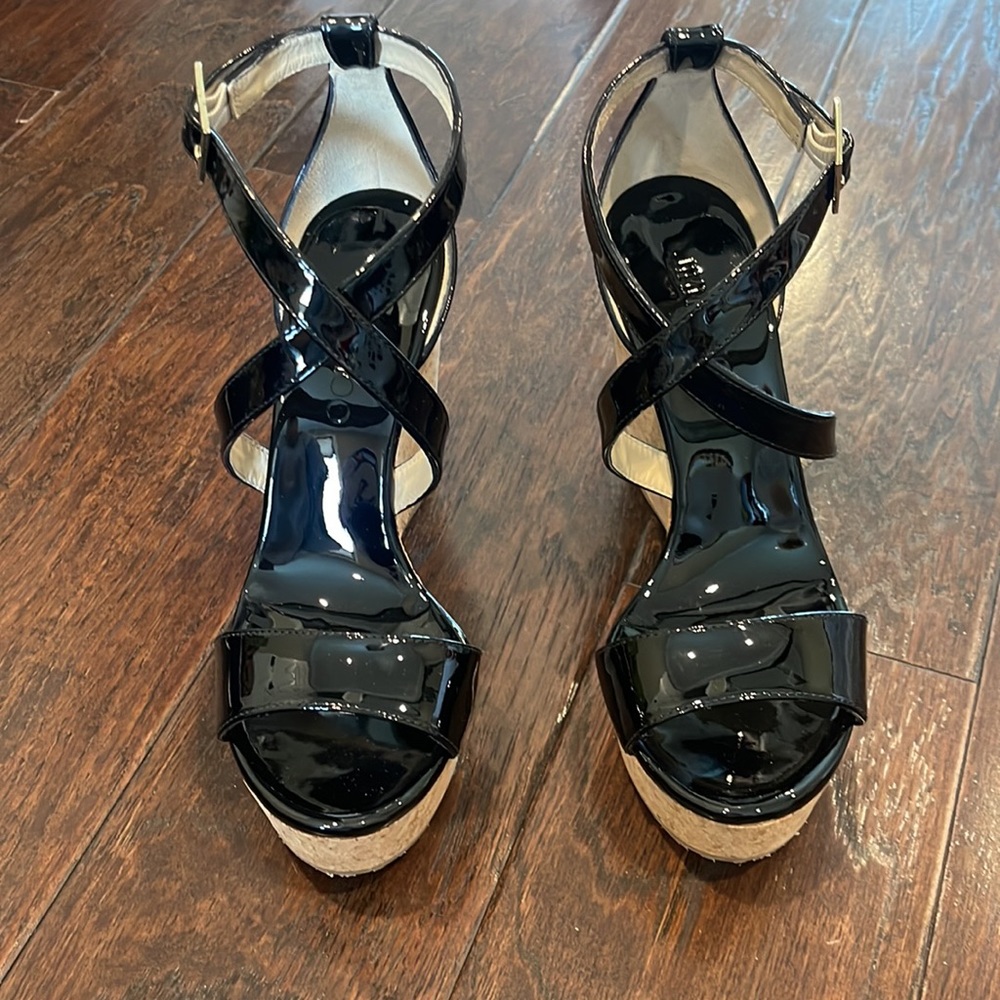 NWT Brand New Jimmy Choo Portia 120 Black Patent Leather Wedges 36 6 Women’s - Picture 13 of 17